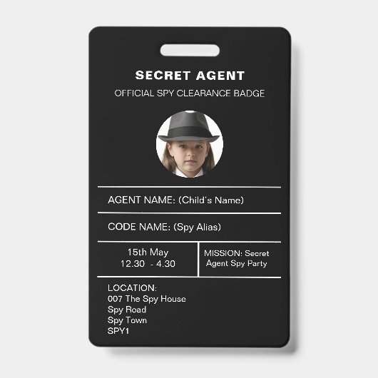Geheime agent spionagefeest identiteitsbadge badge (Voorzijde)