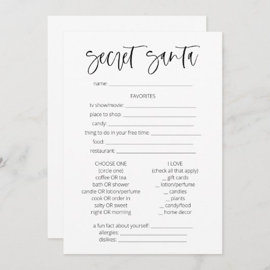 Geheime kerstspelletjes voor kerstmis in Santa Que Kaart (Voorkant / Achterkant)