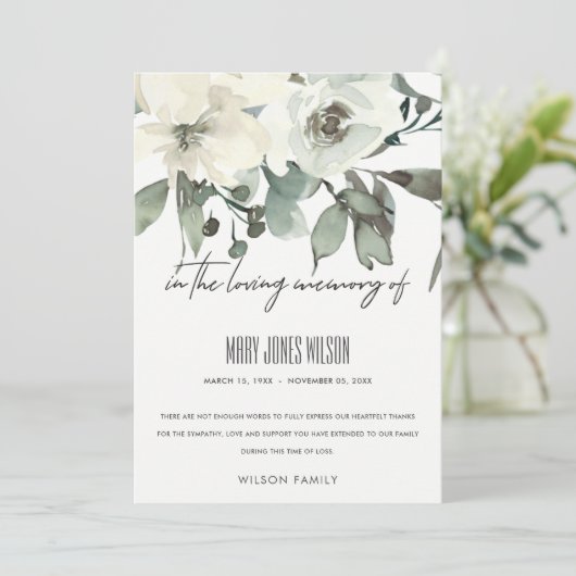 GEHEUGEN WIT-GREEN GRAY FLORAL SYMPATHY MEMORIAL BEDANKKAART (Staand voorkant)