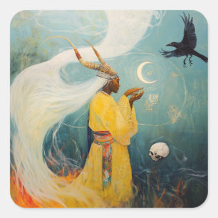 Gehoornde Priesteres Maan Occulte Dark Witchy AI A Vierkante Sticker
