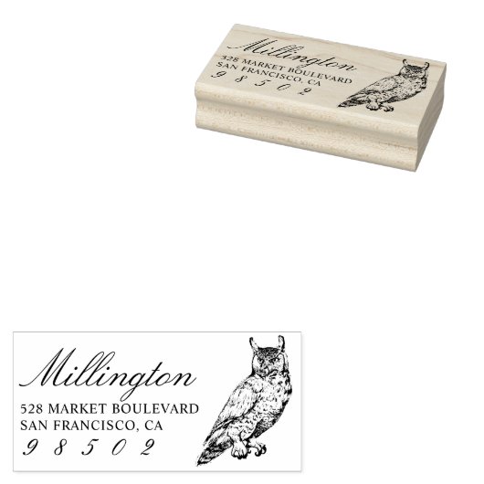 gehoornde uil | Achternaam Script Retouradres Rubberstempel (Gestempeld)