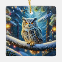 Gehoornde uil in met sneeuw bedekt bos keramisch ornament