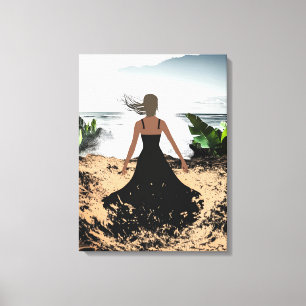 Gehuld in de wind - Elegante vrouw in zwarte jurk Canvas Afdruk