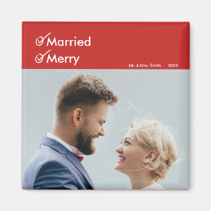 Gehuwd en Merry Eerste kerstfoto met huwelijk Magneet