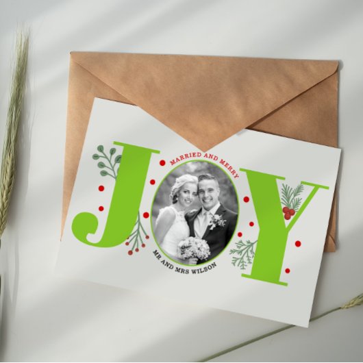 Gehuwde en groene kalk met JOY-kerstfoto Briefkaart