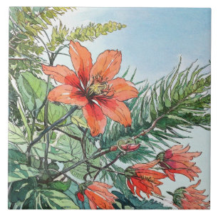 Geïllustreerd Aquarel Botanisch Oranje Bloemmotief Tegeltje