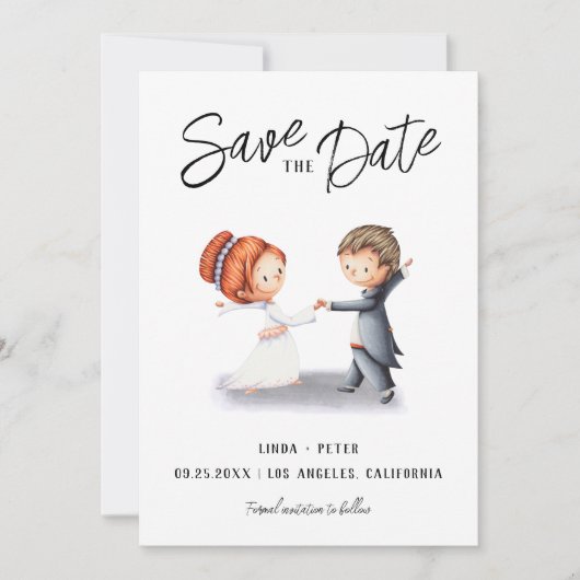 Geïllustreerd Paar Dansend Romantisch Huwelijk Save The Date (Voorkant)