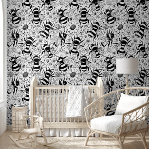 Geïllustreerde Bee Pattern Zwart-wit Paintable Behang
