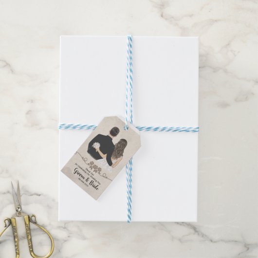 Geïllustreerde bruid bruidegom dank u bruiloft gun cadeaulabel (Met Touw)