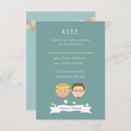 Geïllustreerde Cartoon Paar Portret bruiloft RSVP Kaartje (Voorkant / Achterkant)
