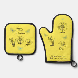 Geïllustreerde gele bloemen ovenwant & pannenlap set