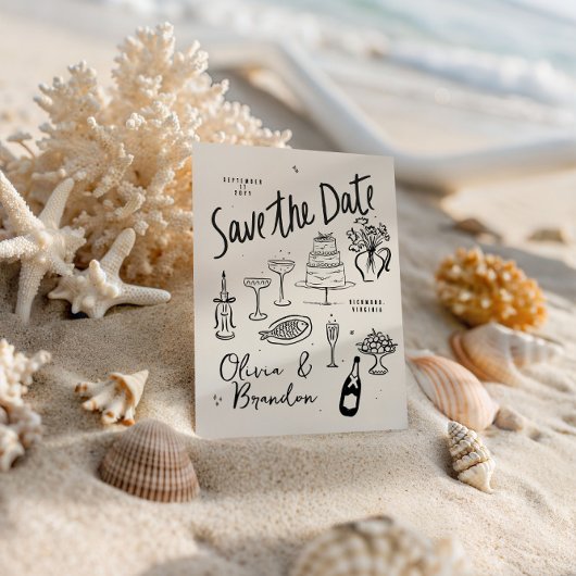 Geïllustreerde grillige handgetekende bruiloft save the date