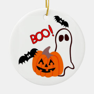 Geïllustreerde Halloween Ghost & Pumpkin Keramisch Ornament