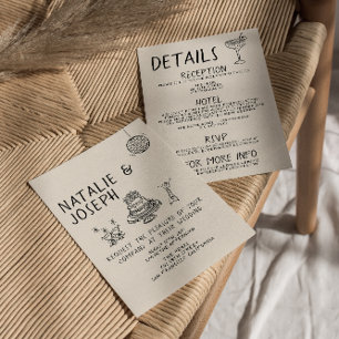 Geïllustreerde handgeschreven taart in één bruilof kaart