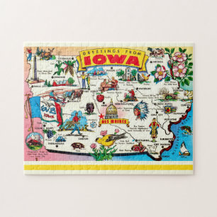 Geïllustreerde Iowa kaart ansichtkaart Legpuzzel