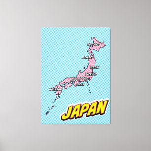 Geïllustreerde Japan kaart in Pop Art-stijl Canvas Afdruk