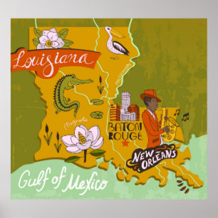 Geïllustreerde kaart van Louisiana: reishoogtepunt Poster