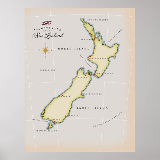 Geïllustreerde kaart van Nieuw-Zeeland Poster (Voorkant)