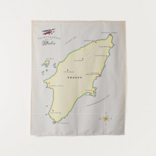 Geïllustreerde kaart van Rhodos. Wandkleed