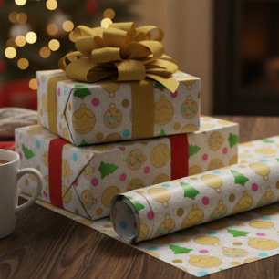 Geïllustreerde kerstbomen & gouden ornamenten cadeaupapier