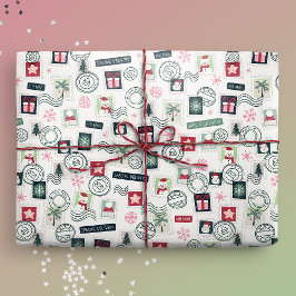 Geïllustreerde kerstpostzegels cadeaupapier