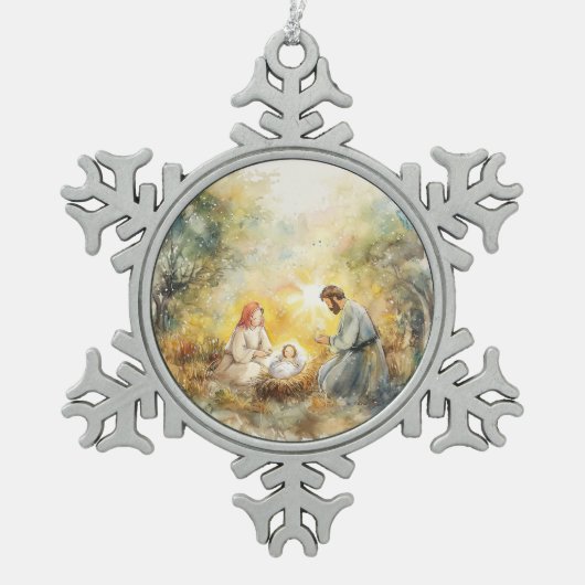 Geïllustreerde kerststal | tin sneeuwvlok ornament (Voorkant)