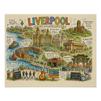 Geïllustreerde Liverpool Landmarks en Muziekkaart Perfect Poster