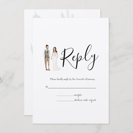 Geïllustreerde paar RSVP bruiloft behuizing Kaart (Voorkant / Achterkant)