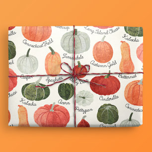 Geïllustreerde pompoensoorten met labels cadeaupapier