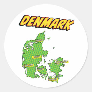 Geïllustreerde Pop Art kaart van Denemarken Ronde Sticker