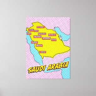 Geïllustreerde Pop Art kaart van Saudi-Arabië Canvas Afdruk