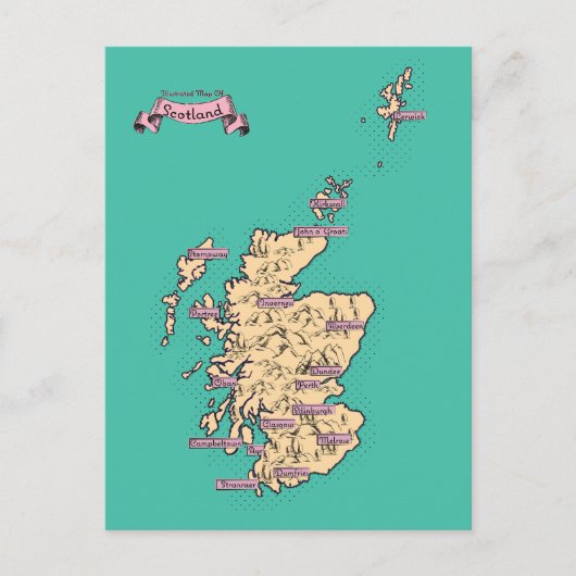 Geïllustreerde reiskaart van Schotland (Blauwgroen Uitnodiging Briefkaart (Voorkant)