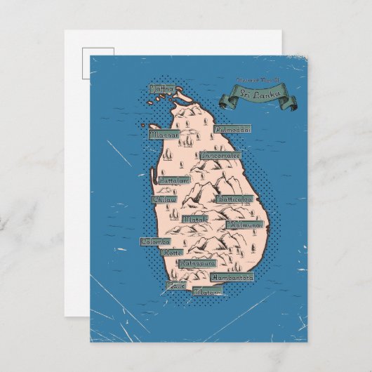 Geïllustreerde reiskaart van Sri Lanka Uitnodiging Briefkaart (Voorkant / Achterkant)