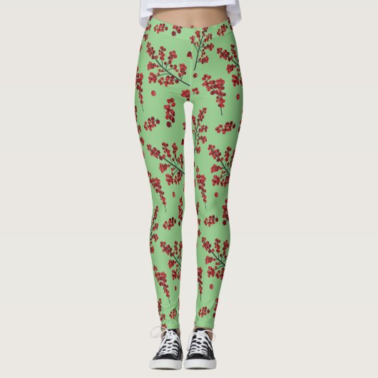 Geïllustreerde rode Holly Berries Leggings (Voorkant)