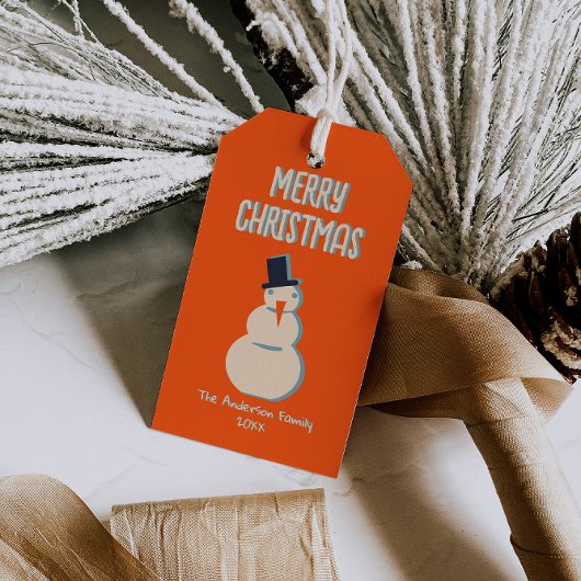 geïllustreerde rode vrolijke kerstsneeuwman cadeaulabel
