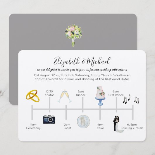 Geïllustreerde Trouwtijdlijn Uitnodiging Icoon Kra (Voorkant / Achterkant)