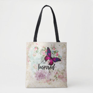Geïnspireerd citaat & Roze Butterfly Shabby Collag Tote Bag