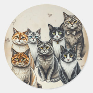 -geïnspireerd familieportret van een kat ronde sticker