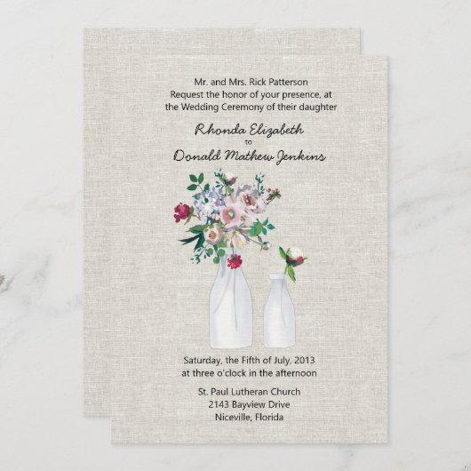 geïnspireerd linnen en melkflessen bruiloft kaart (Voorkant / Achterkant)