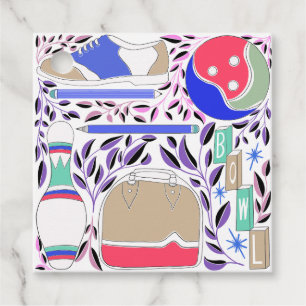 geïnspireerde Folk Art Bowling Pin en Bag Bedankjes Labels