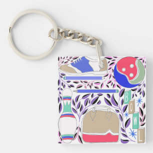 geïnspireerde Folk Art Bowling Pin en Bag Sleutelhanger
