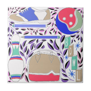 geïnspireerde Folk Art Bowling Pin en Bag Tegeltje
