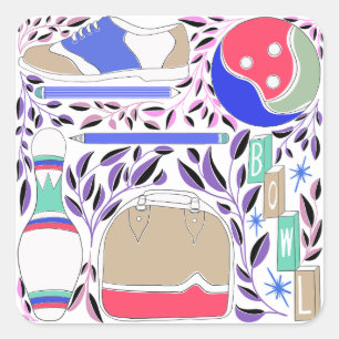 geïnspireerde Folk Art Bowling Pin en Bag Vierkante Sticker