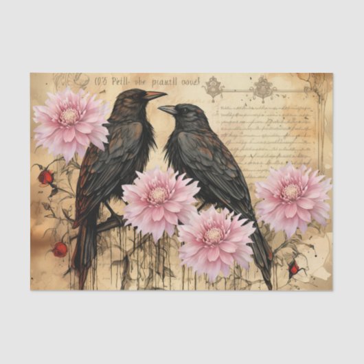  geïnspireerde Roze Bloemen & Ravens Tissuepapier (Voorkant)