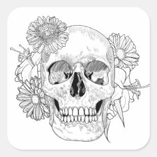 Geïnspireerde schedel en bloemen vierkante sticker