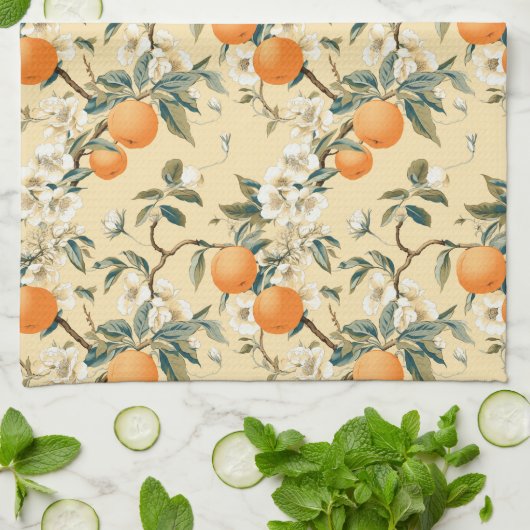 -geïnspireerde Sinaasappel Grove Bloemen Patroon Theedoek (Gevouwen)