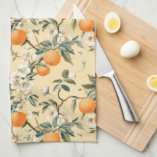 -geïnspireerde Sinaasappel Grove Bloemen Patroon Theedoek (Quarter Fold)