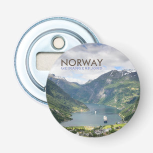 Geirangerfjord uitzicht in Noorwegen tekst Button Flesopener