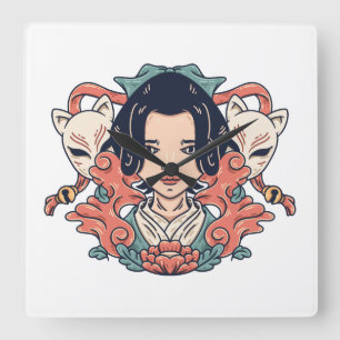 Geisha en Kitsune Vierkante Klok