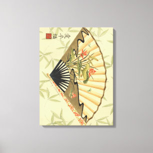 Geisha Fan met bladeren en afdruk van hout Canvas Afdruk